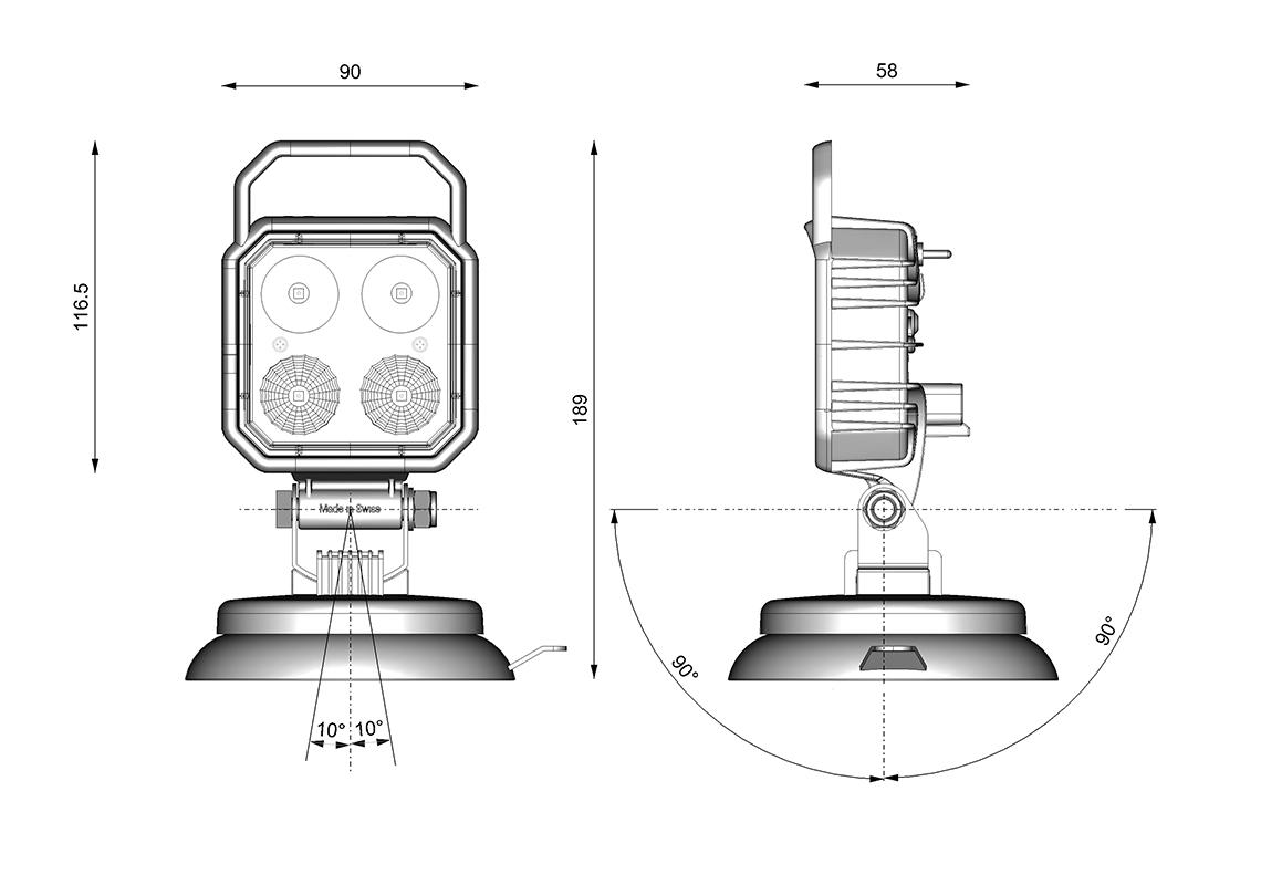 Faro da lavoro LED quadrato 90X90mm magnetico con maniglia ed interruttore - connettore DT